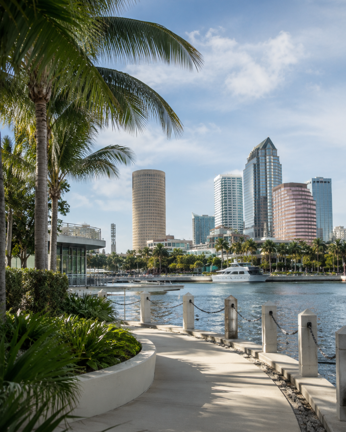 Tampa waterfront skyline with palm trees